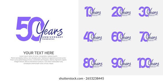 Logotipo de aniversário definir design vetorial, cor roxa e preta para evento de celebração