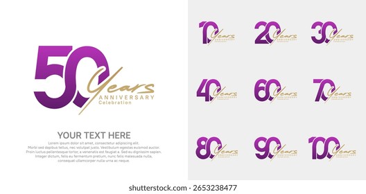 Anniversary logo set vector design, purple and gold color for celebration event