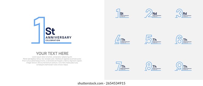 Logotipo de aniversário definir design vetorial, cor azul e preto para evento de celebração