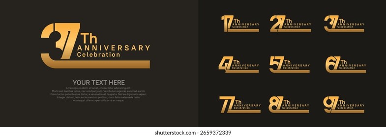 Logotipo de aniversário definir design vetorial, cor dourada para evento de celebração