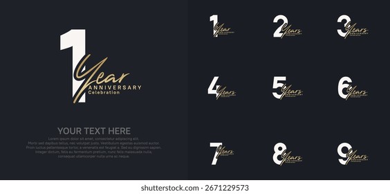 Anniversary logo set vector design, white and gold color for celebration event