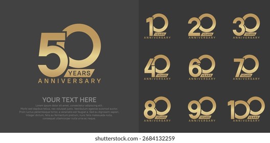 Diseño del Vector del sistema del logotipo del aniversario, color dorado para el acontecimiento de la celebración