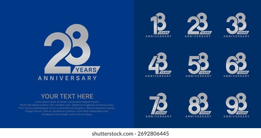 Logotipo de aniversário definir design vetorial, cor prateada para evento de celebração