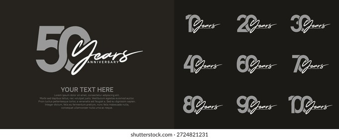 Logotipo de aniversário definir design vetorial, cor cinza e branco para evento de celebração