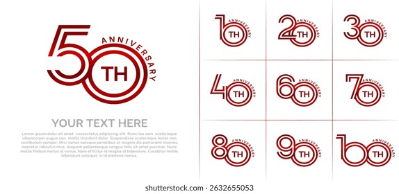Anniversary logo style double line number set. red color on white background for celebration event