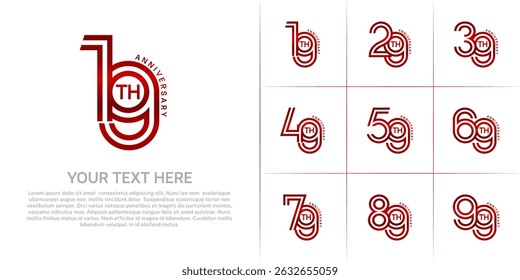 Conjunto de números de línea doble de estilo de logotipo de aniversario. color rojo sobre fondo blanco para evento de celebración