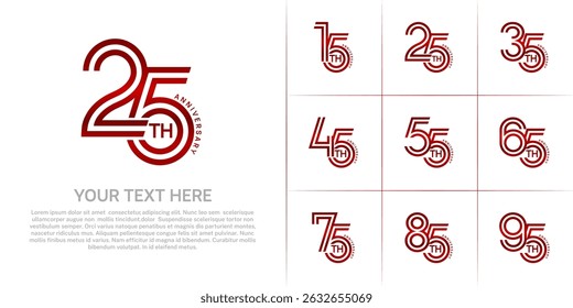 Anniversary logo style double line number set. red color on white background for celebration event