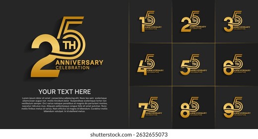 Anniversary logo style double line number set. gold color on black background for celebration event