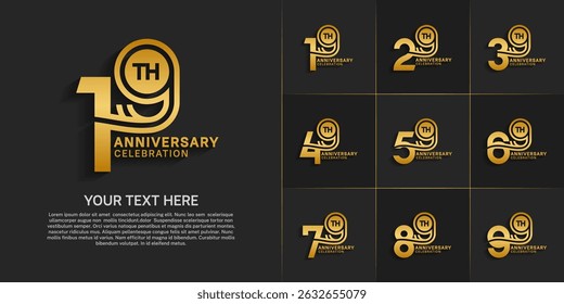 Anniversary logo style double line number set. gold color on black background for celebration event