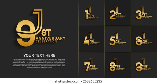 Estilo do logotipo do aniversário duplo número de linha definido. cor dourada no fundo preto para evento de celebração