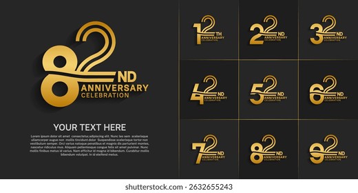 Anniversary logo style double line number set. gold color on black background for celebration event