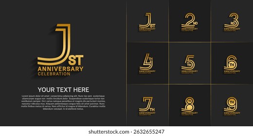 Conjunto de números de línea doble de estilo de logotipo de aniversario. color dorado sobre fondo negro para evento de celebración