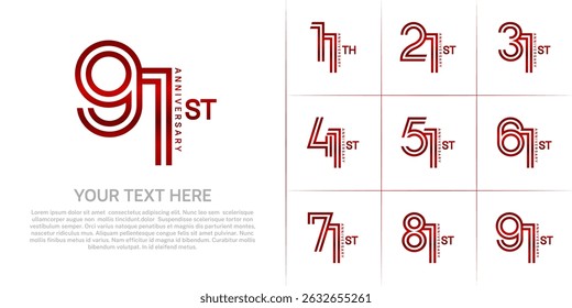 Anniversary logo style double line number set. red color on white background for celebration event