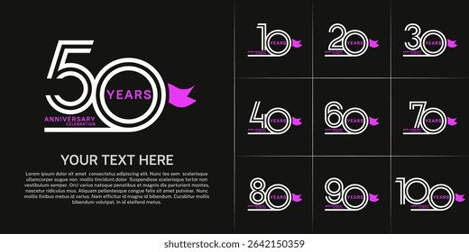 Anniversary logo style double line number set with ribbon. white color on black background for celebration event
