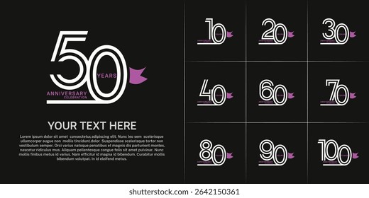 Anniversary logo style double line number set with ribbon. white color on black background for celebration event