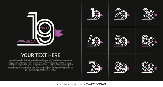 Anniversary logo style double line number set with ribbon. white color on black background for celebration event