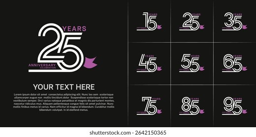 Anniversary logo style double line number set with ribbon. white color on black background for celebration event