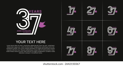 Anniversary logo style double line number set with ribbon. white color on black background for celebration event