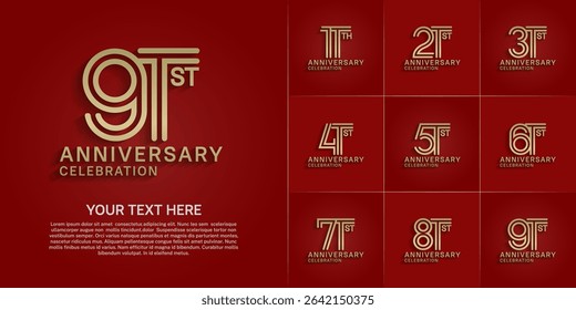 Anniversary logo style double line number set. gold color on red background for celebration event