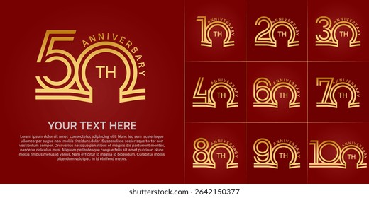 Anniversary logo style double line number set. golden color on red background for celebration event