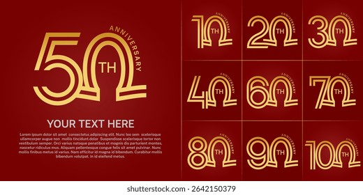 Anniversary logo style double line number set. golden color on red background for celebration event