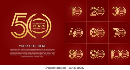 Anniversary logo style double line number set. golden color on red background for celebration event