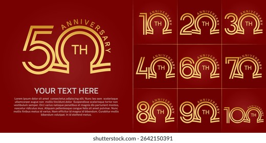 Anniversary logo style double line number set. golden color on red background for celebration event
