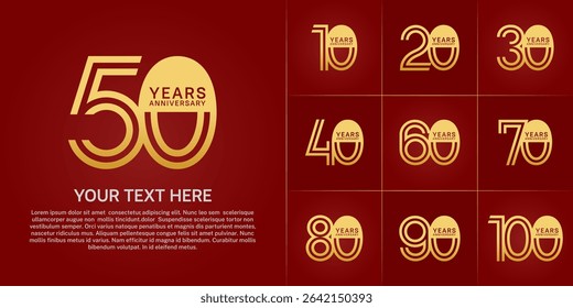 Anniversary logo style double line number set. golden color on red background for celebration event