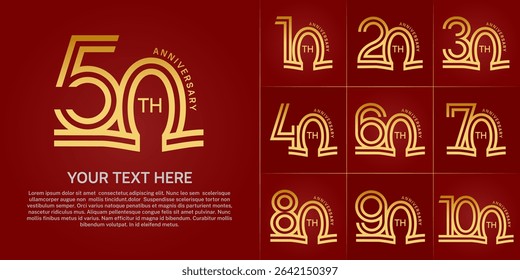 Anniversary logo style double line number set. golden color on red background for celebration event