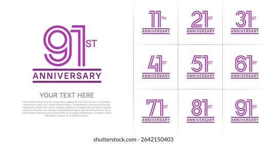 Anniversary logo style double line number set. purple color on white background for celebration event