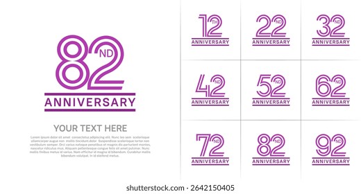 Anniversary logo style double line number set. purple color on white background for celebration event