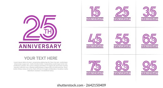 Anniversary logo style double line number set. purple color on white background for celebration event