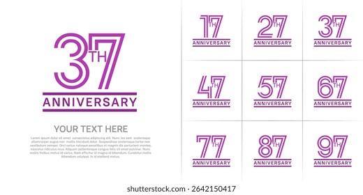 Anniversary logo style double line number set. purple color on white background for celebration event