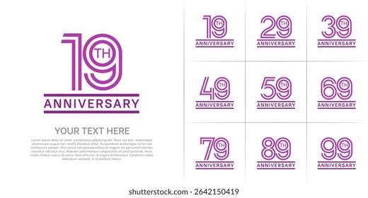 Anniversary logo style double line number set. purple color on white background for celebration event