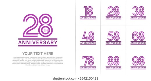 Anniversary logo style double line number set. purple color on white background for celebration event