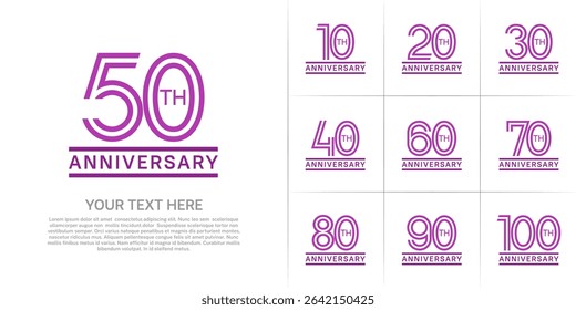 Anniversary logo style double line number set. purple color on white background for celebration event