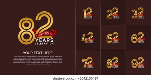 Anniversary logo style double line number set. golden color with red ribbon for celebration event