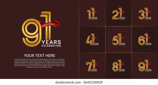 Anniversary logo style double line number set. golden color with red ribbon for celebration event