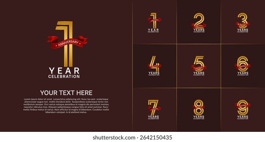 Anniversary logo style double line number set. golden color with red ribbon for celebration event