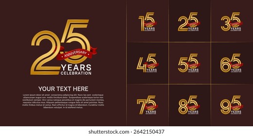 Anniversary logo style double line number set. golden color with red ribbon for celebration event