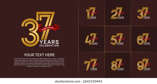 Anniversary logo style double line number set. golden color with red ribbon for celebration event