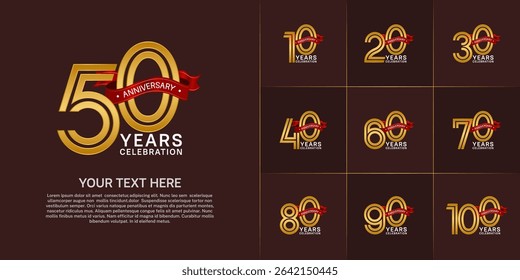 Anniversary logo style double line number set. golden color with red ribbon for celebration event