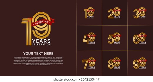Anniversary logo style double line number set. golden color with red ribbon for celebration event