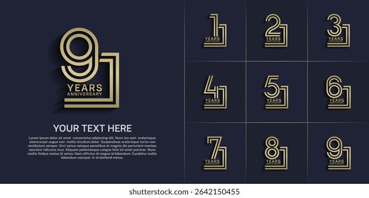 Anniversary logo style double line number set. gold color on blue background for celebration event