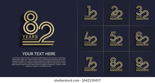 Anniversary logo style double line number set. gold color on blue background for celebration event