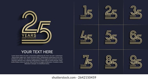 Anniversary logo style double line number set. gold color on blue background for celebration event