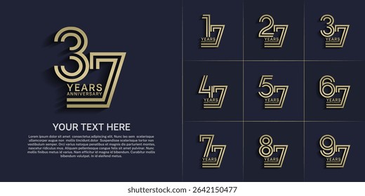Anniversary logo style double line number set. gold color on blue background for celebration event