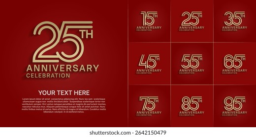 Anniversary logo style double line number set. gold color on red background for celebration event