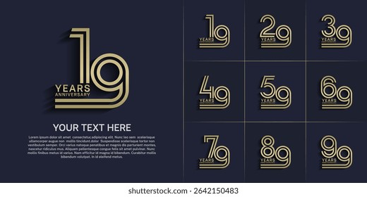 Anniversary logo style double line number set. gold color on blue background for celebration event