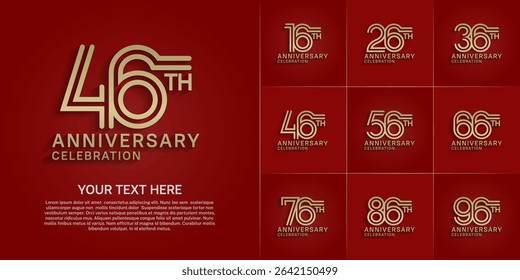 Anniversary logo style double line number set. gold color on red background for celebration event